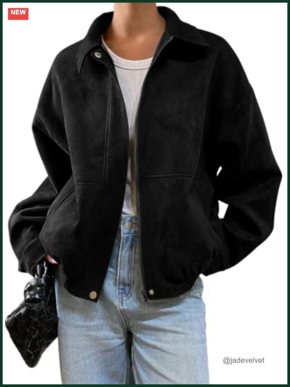 Faux Suede Bomber Jacket Oversized Zip Up Cropped Coat